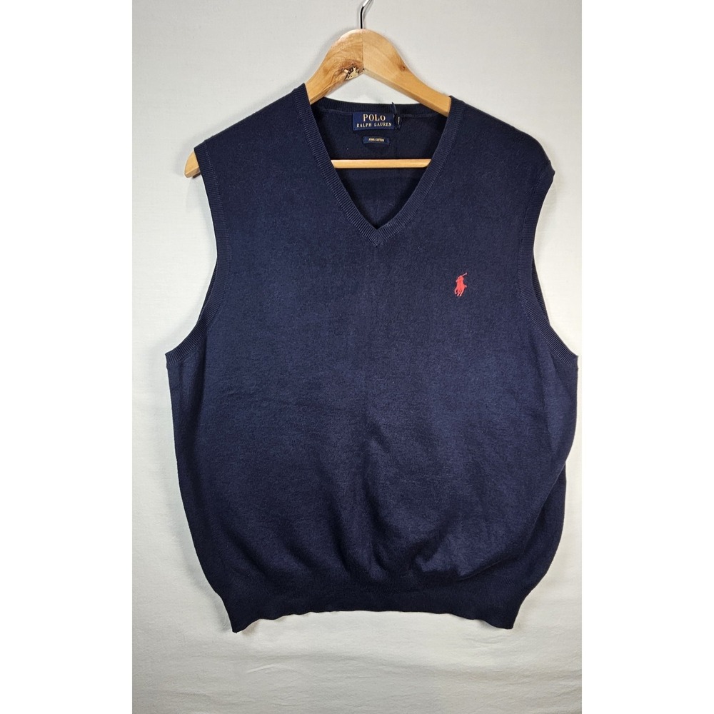 Polo Ralph Lauren XL Pima Cotton V Neck Sweater Vest Navy Red Pony